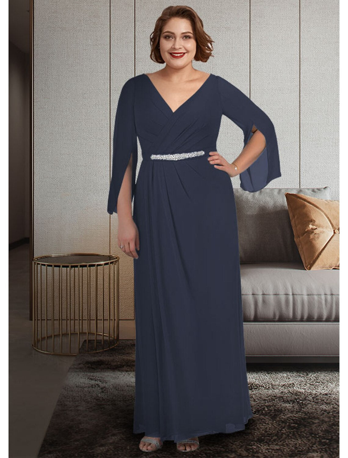 wholesale  A-Line Mother of the Bride Dress Plus Size Elegant V Neck Ankle Length Chiffon 3/4 Length Sleeve with Sash / Ribbon Ruching