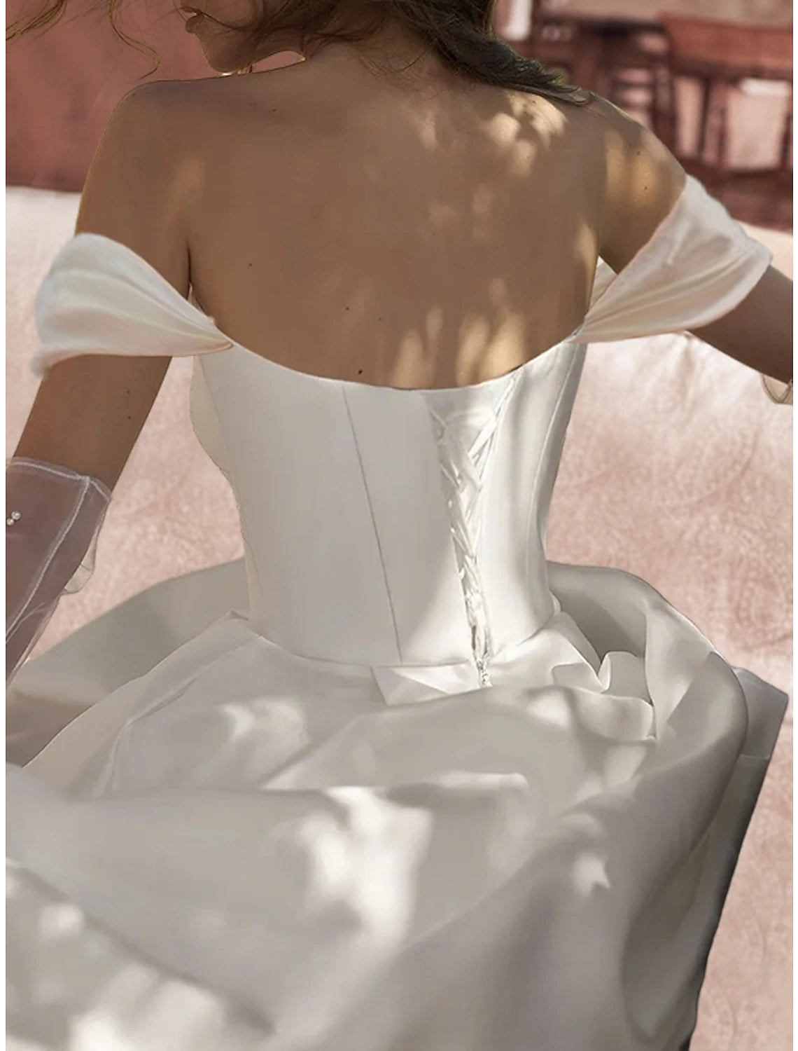 Wholesa Reception Formal Wedding Dresses Ball Gown Off Shoulder Short Sleeve Sweep / Brush Train Satin Bridal Gowns With Ruched Split Front