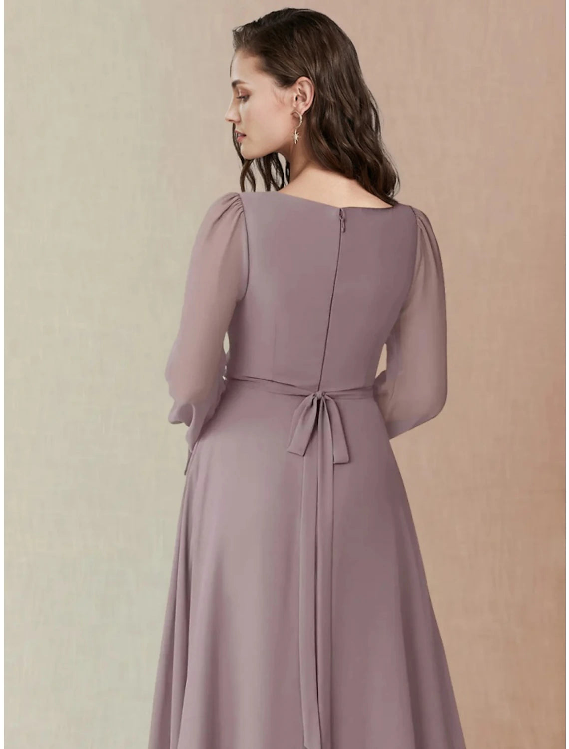 Wholesa  A-Line Bridesmaid Dress Square Neck Long Sleeve Elegant Floor Length Chiffon with Split Front / Ruching