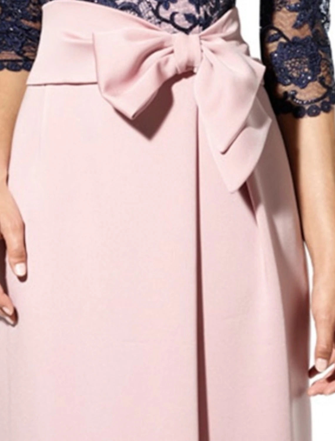 Wholesa Sheath / Column Mother of the Bride Dress Wedding Guest Elegant Jewel Neck Floor Length Satin Lace 3/4 Length Sleeve with Bow(s)