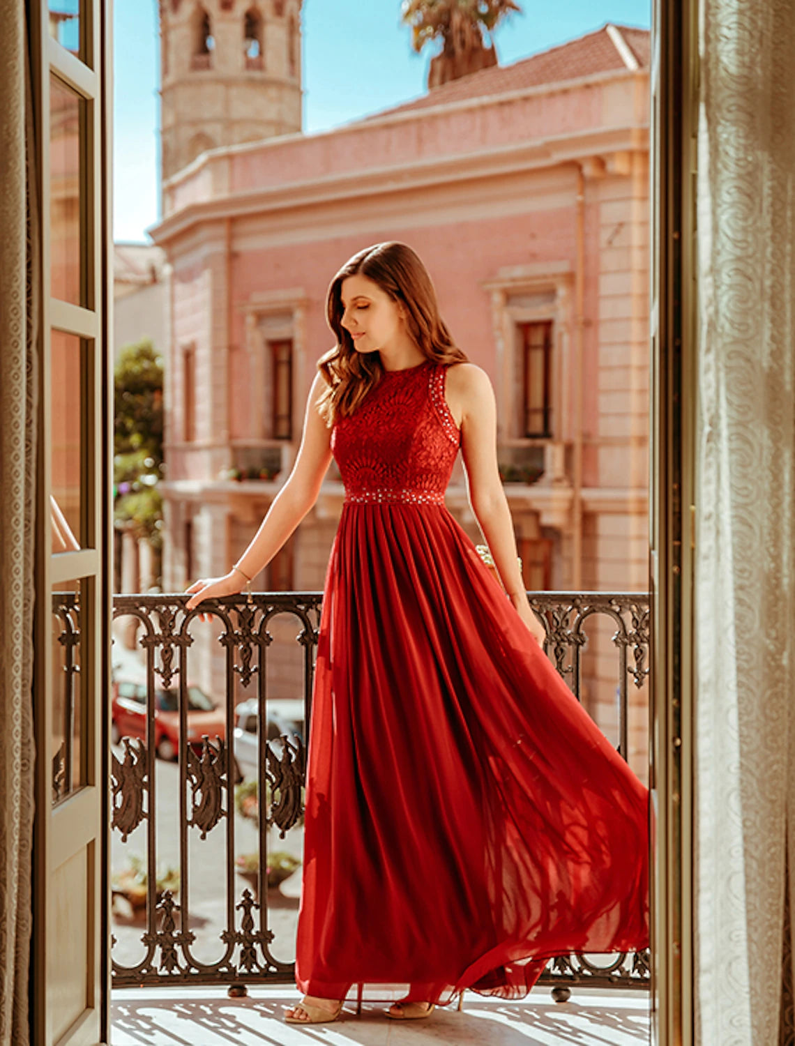 wholesa A-Line Prom Dresses Maxi Dress Wedding Guest Prom Floor Length Sleeveless Jewel Neck Bridesmaid Dress Chiffon with Pleats Lace Insert