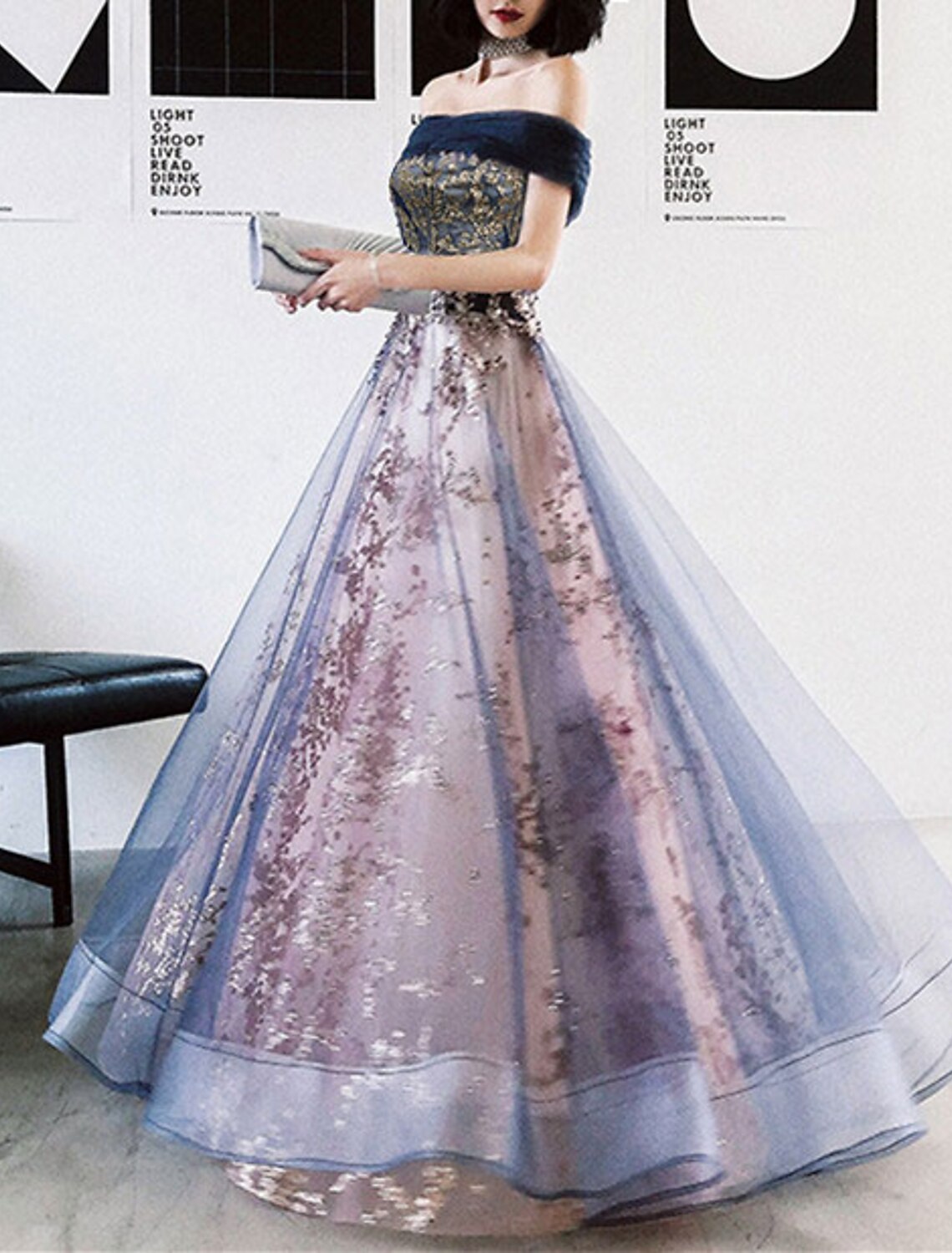 wholesale  A-Line Prom Dresses Glittering Dress Wedding Guest Engagement Floor Length Sleeveless Off Shoulder Tulle with Pleats Sequin Appliques