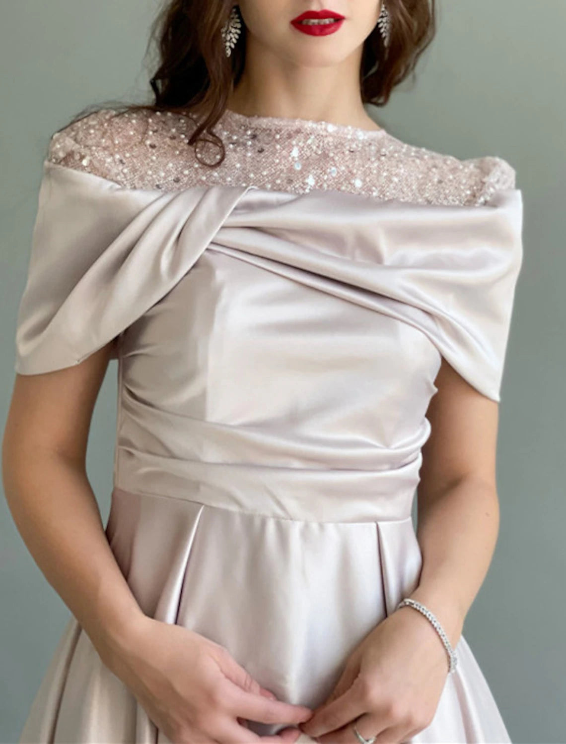 Wholesa A-Line Evening Gown Elegant Dress Wedding Guest Prom Floor Length Sleeveless Jewel Neck Satin with Ruched Pearls Sequin