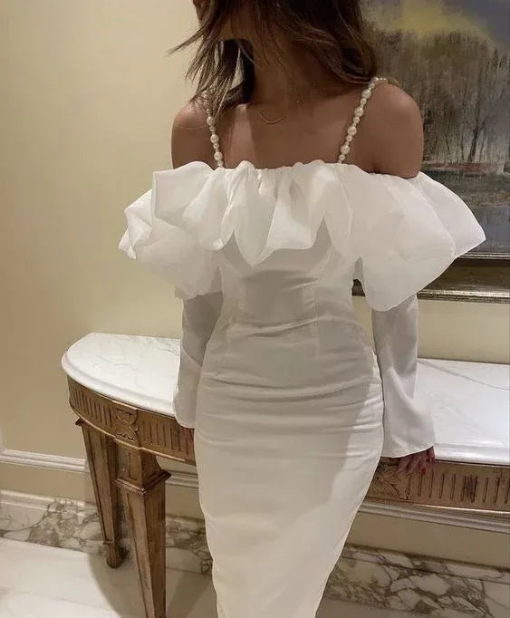 Pearl‑Strap White‑Satin Off‑the‑Shoulder Ruffle‑Top Long‑Sleeve Midi Prom Dress