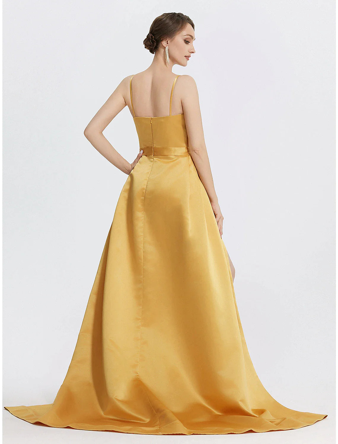 Wholesa A-Line Evening Gown Sparkle Dress Wedding Prom Sweep / Brush Train Sleeveless Spaghetti Strap Satin with Rhinestone Ruched