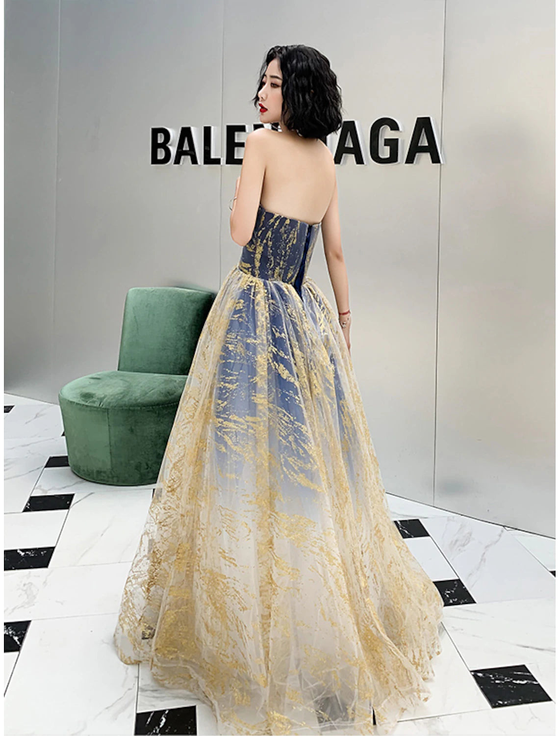 Wholesa A-Line Color Block Sparkle Engagement Prom Dress Strapless Sleeveless Floor Length Sequined with Sequin