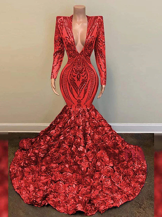 Wholesa Mermaid / Trumpet Sparkle Evening Dress Sexy Engagement Formal Floral Wedding Dress V Neck Long Sleeve Chapel Train Sequined African