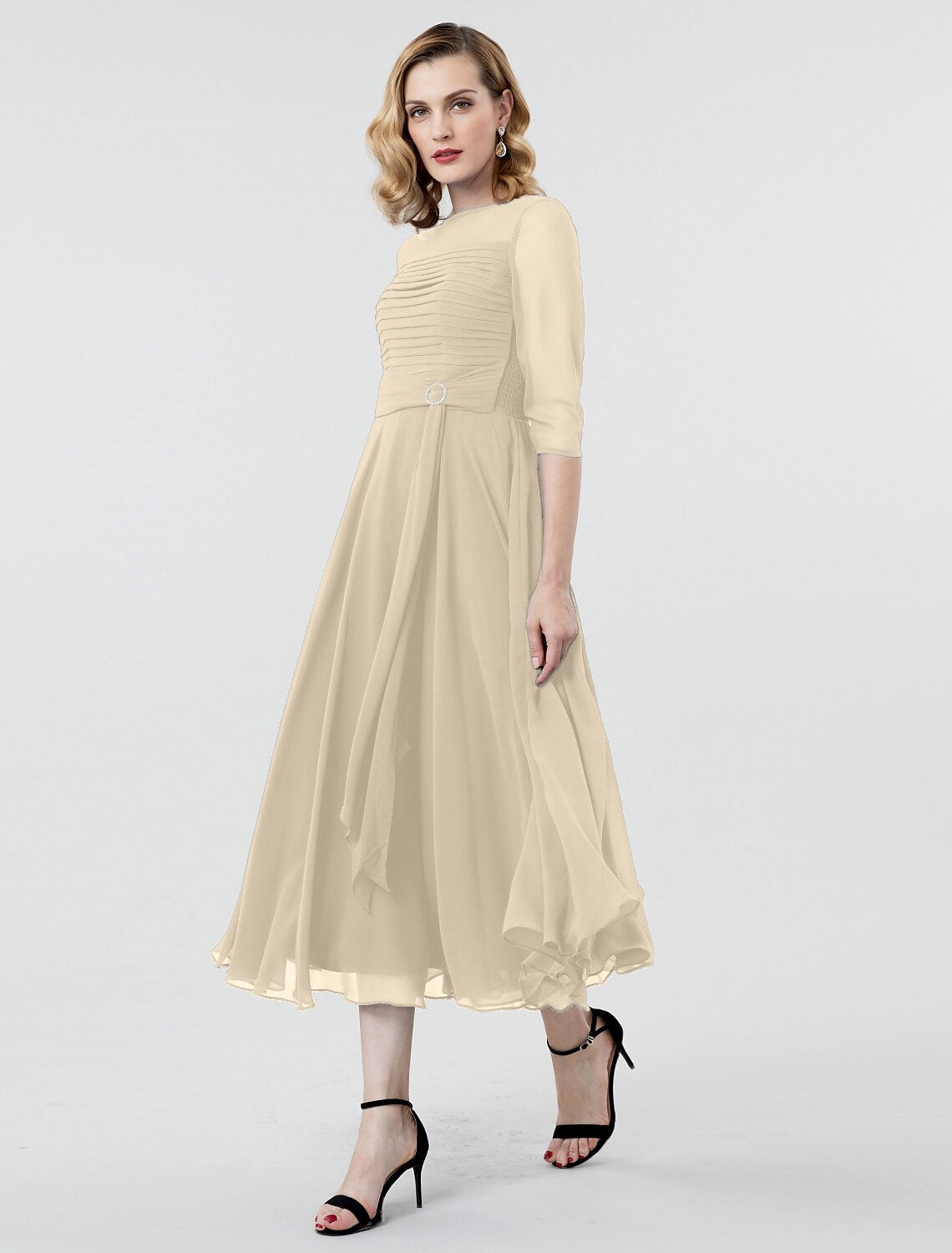 Wholesa A-Line Elegant Formal Evening Wedding Party Dress Boat Neck 3/4 Length Sleeve Tea Length Georgette with Ruched Crystal Brooch / Illusion Sleeve