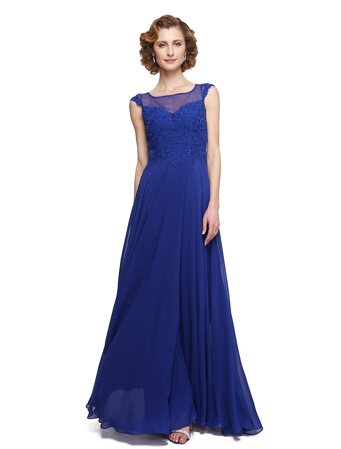 wholesale  A-Line Mother of the Bride Dress Elegant Jewel Neck Ankle Length Chiffon Lace Sleeveless with Appliques
