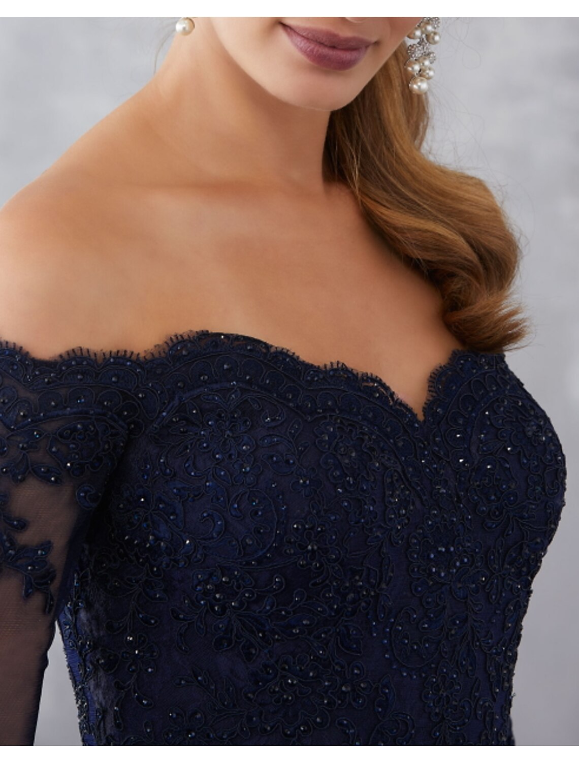 Wholesa Mermaid Black Dress Plus Size Elegant Wedding Guest Formal Evening Dress Off Shoulder Half Sleeve Sweep / Brush Train Lace with Beading Lace Insert Appliques