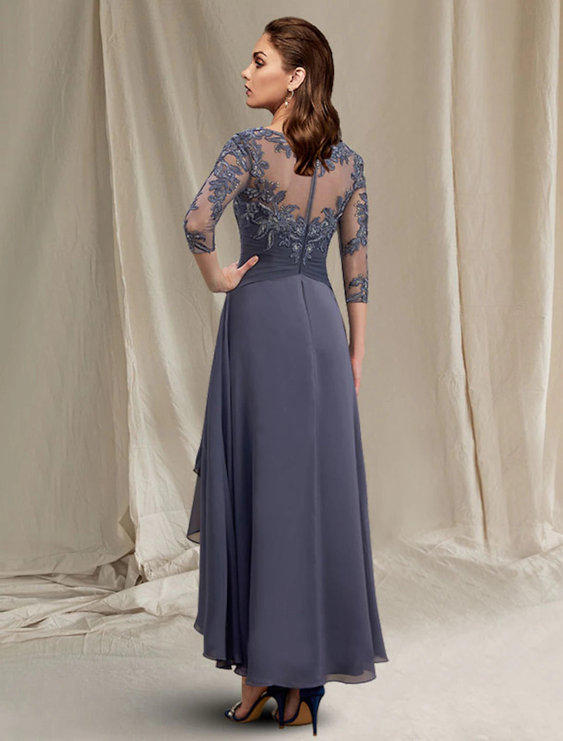 wholesale   Two Piece A-Line Mother of the Bride Dress Elegant High Low Jewel Neck Asymmetrical Tea Length Chiffon Lace 3/4 Length Sleeve Wrap Included with Sequin Appliques