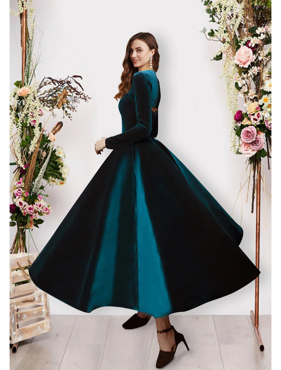 Wholesa Ball Gown Evening Gown Vintage Dress Prom Formal Evening Ankle Length Long Sleeve Square Neck Velvet with Pure Color