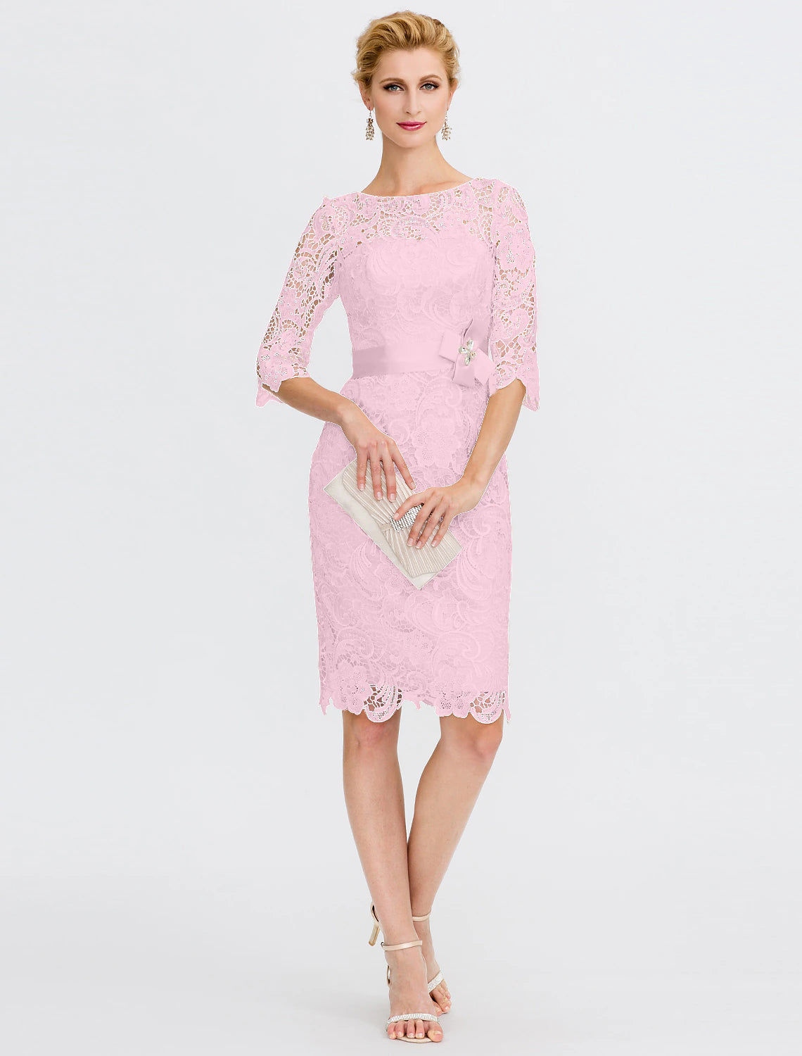 wholesale  Sheath / Column Mother of the Bride Dress Formal Wedding Guest Plus Size Elegant Illusion Neck Knee Length All Over Lace 3/4 Length Sleeve with Bow(s)