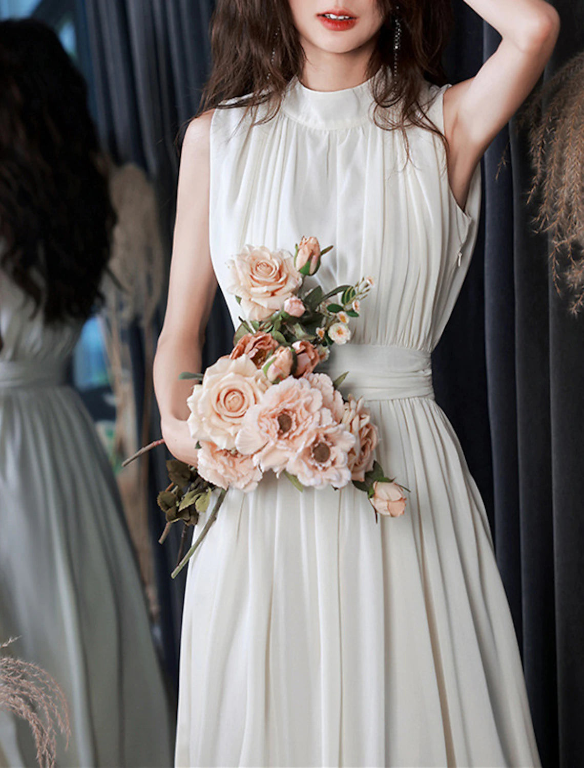 wholesale  Reception Little White Dresses Wedding Dresses A-Line High Neck Sleeveless Tea Length Chiffon Bridal Gowns With Pleats Solid Color