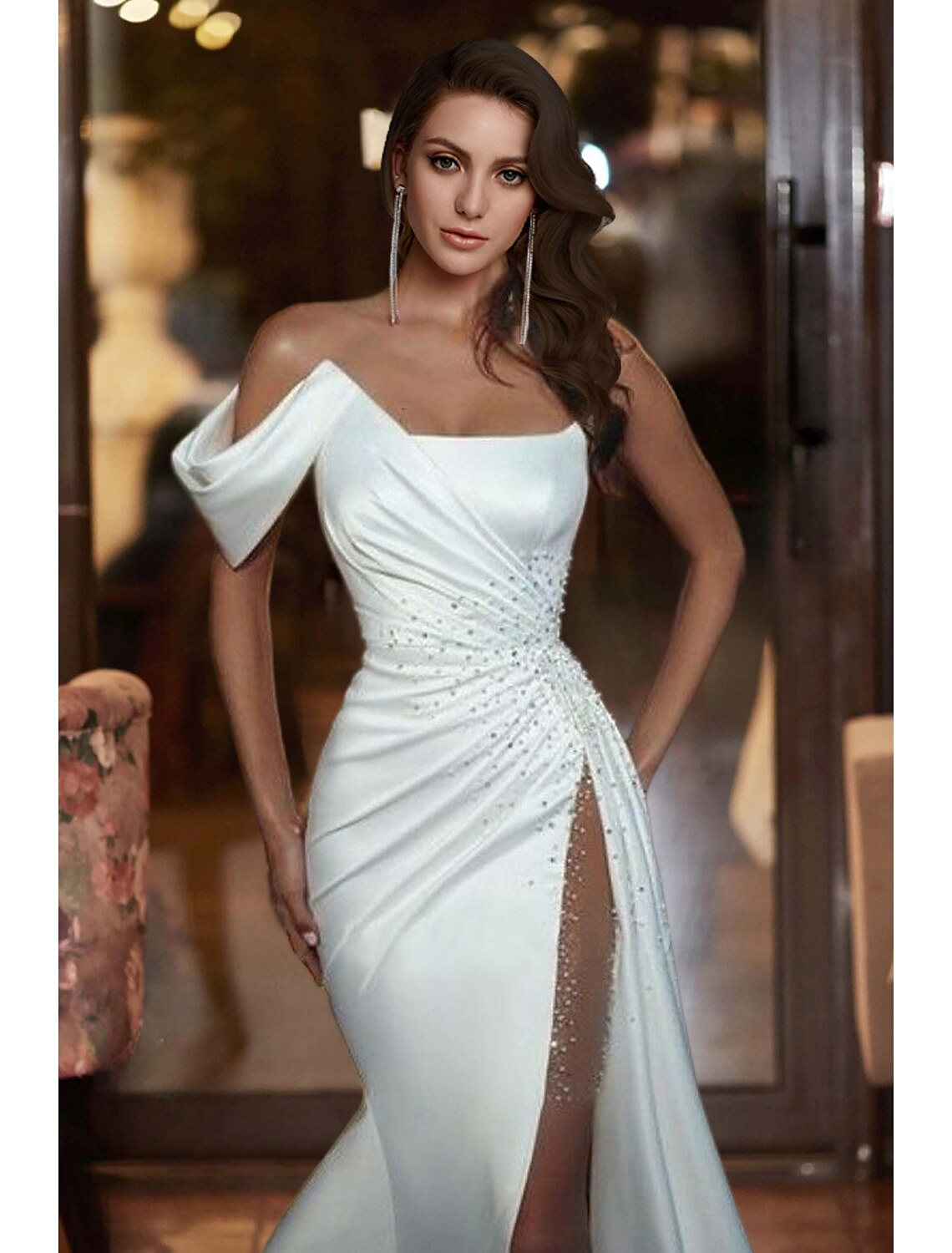 wholesale  Formal Wedding Dresses Mermaid / Trumpet Off Shoulder Sleeveless Court Train Satin Bridal Gowns With Beading