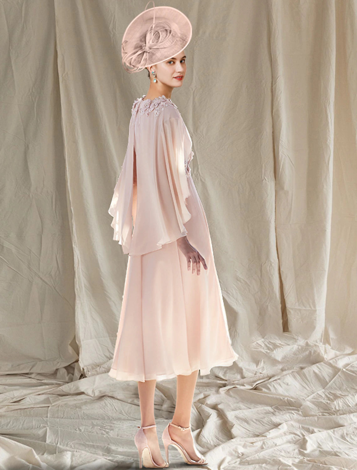 wholesale  Two Piece A-Line Mother of the Bride Dress Wedding Guest Church Elegant V Neck Tea Length Chiffon Sleeveless Wrap Included with Appliques