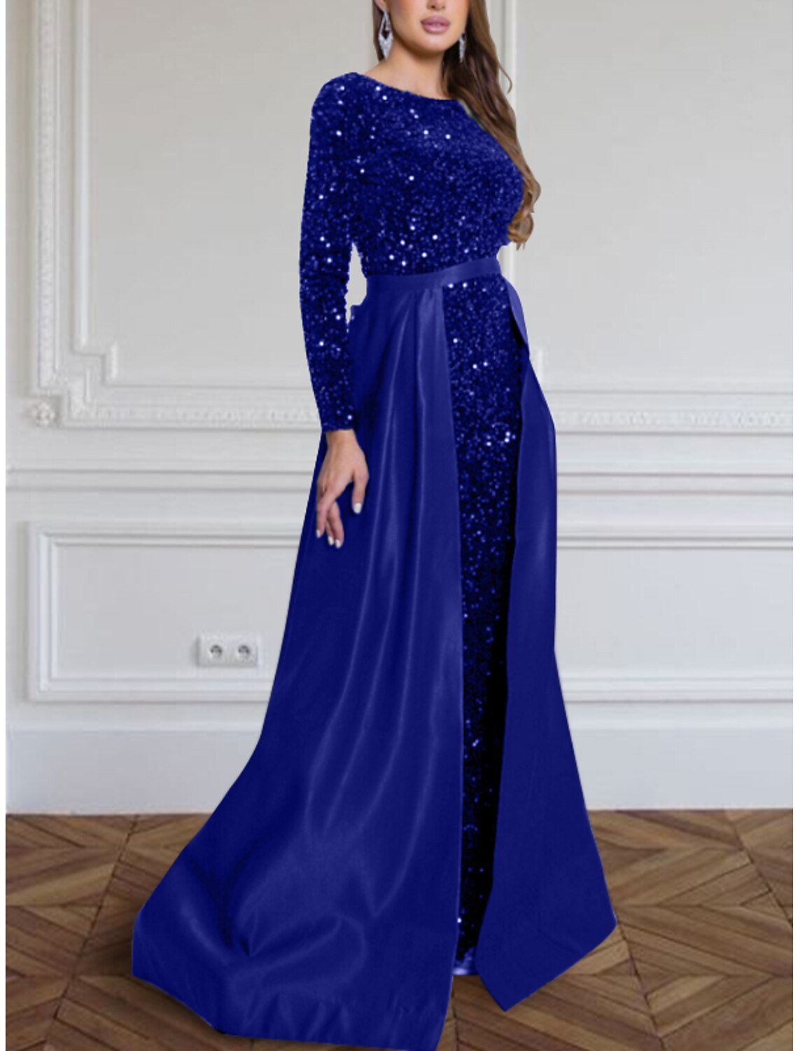 Wholesa A-Line Evening Gown Elegant Dress Formal Fall Sweep / Brush Train Long Sleeve Jewel Neck Sequined with Glitter Pleats