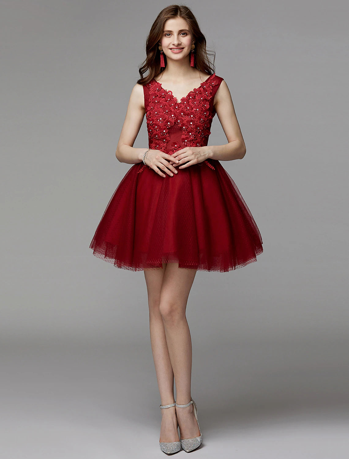 Wholesa A-Line Party Dress Homecoming Graduation Short / Mini Sleeveless V Neck Lace Over Tulle with Crystals Appliques