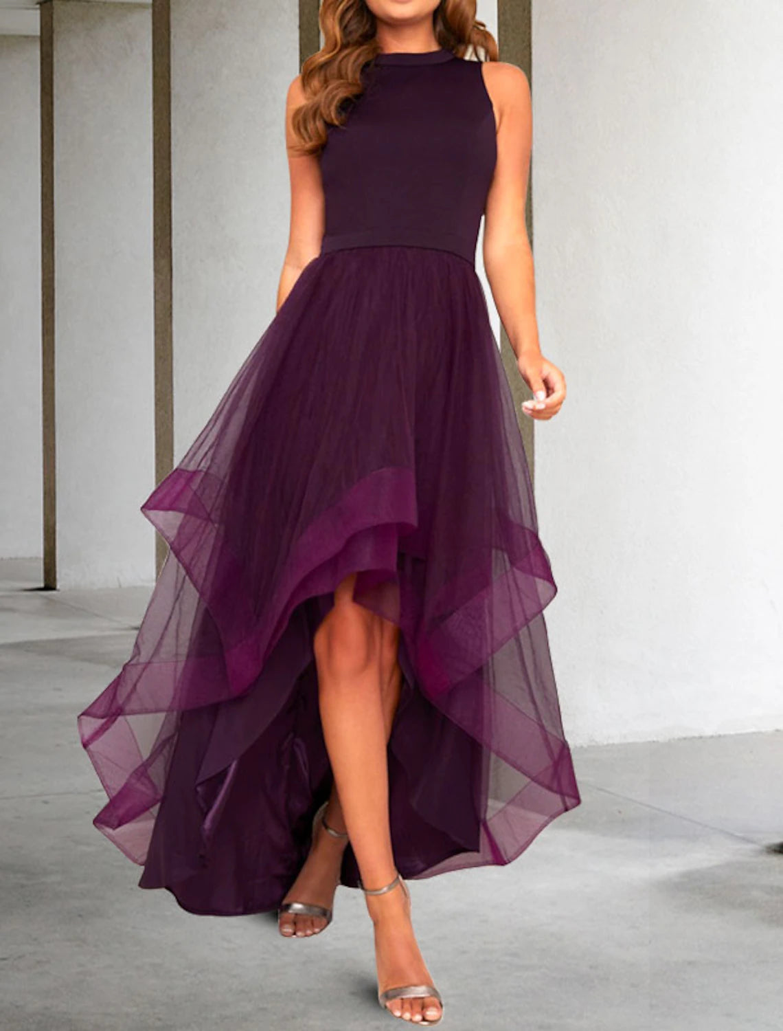 Wholesa A-Line Prom Dresses Elegant Dress Prom Asymmetrical Sleeveless Jewel Neck Fall Wedding Guest Polyester with Pleats