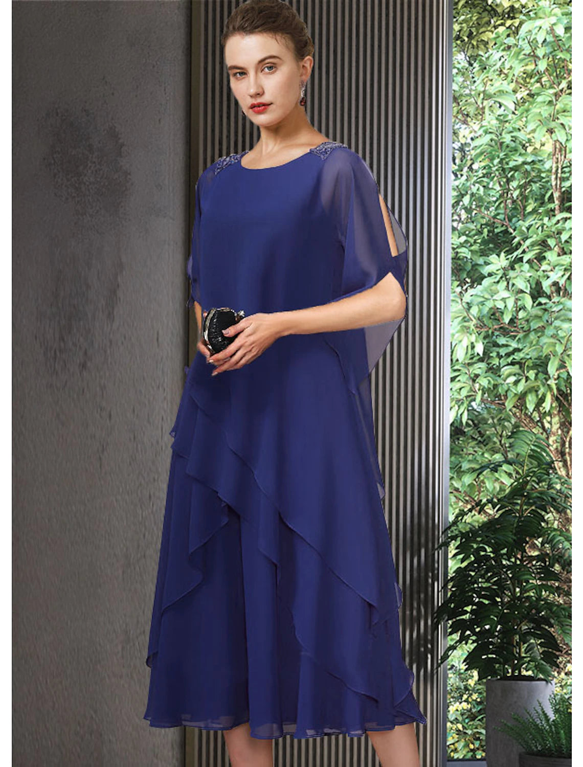 wholesale  A-Line Mother of the Bride Dress Elegant Jewel Neck Tea Length Chiffon Half Sleeve with Cascading Ruffles