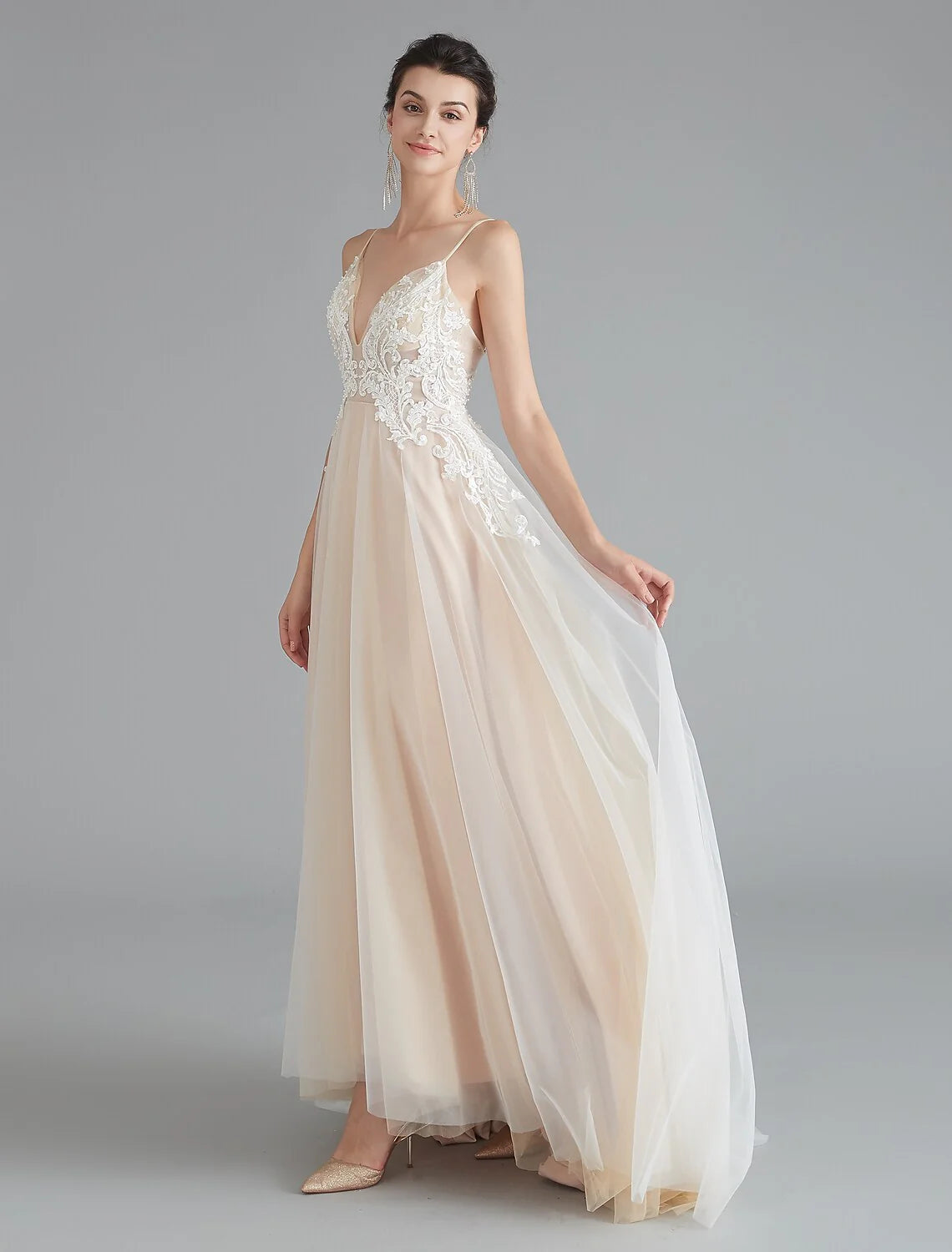 Wholesa A-Line Prom Dresses Beautiful Back Dress Wedding Guest Sweep / Brush Train Sleeveless V Neck Lace with Beading