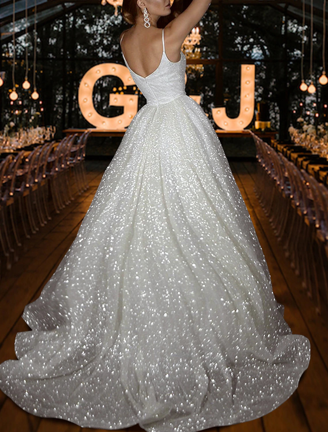 wholesale  Hall Sparkle & Shine Casual Wedding Dresses A-Line Camisole V Neck Spaghetti Strap Sweep / Brush Train Sequined Bridal Gowns With Solid Color Summer Fall Wedding Party