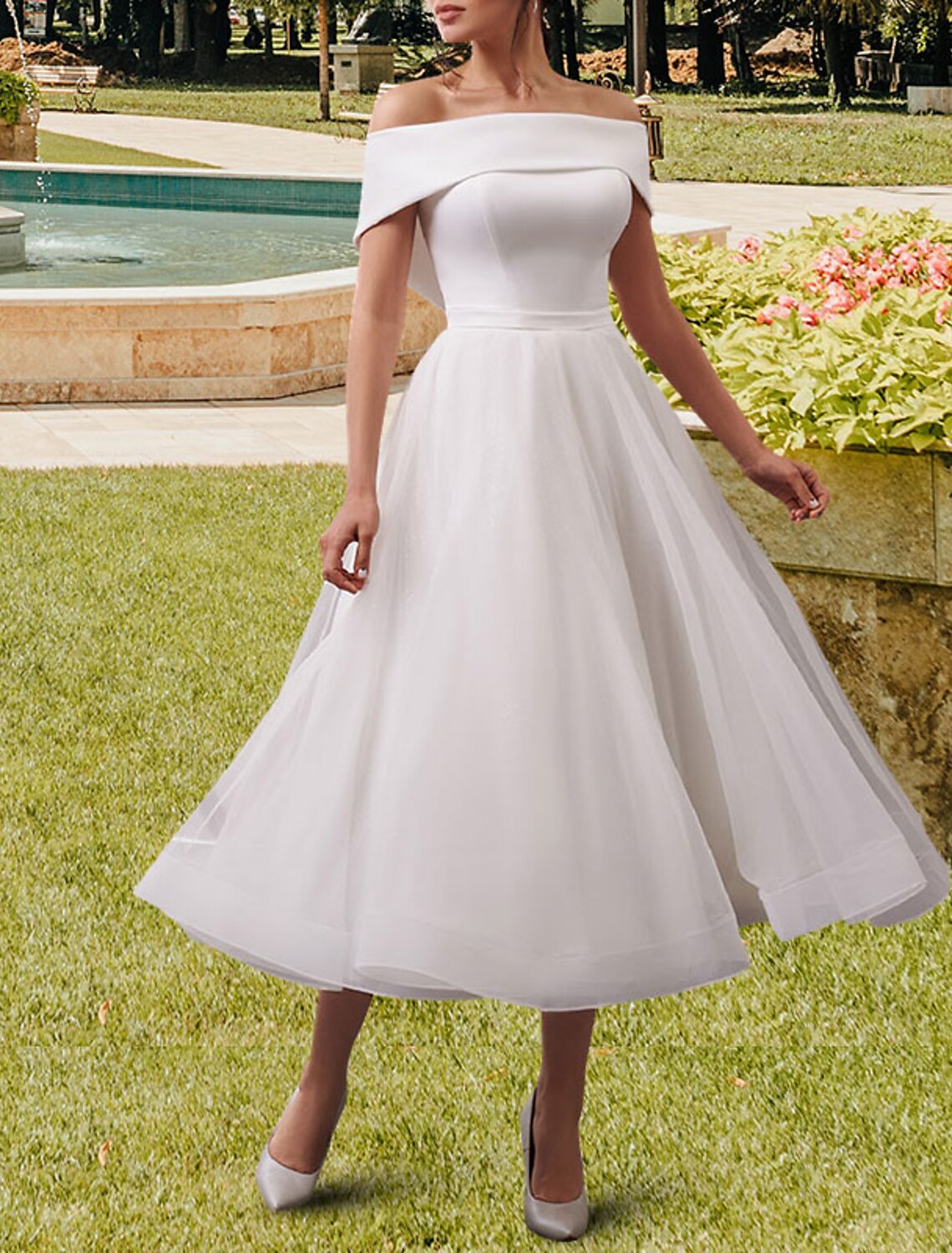 Wholesa Reception Little White Dresses Wedding Dresses A-Line Off Shoulder Cap Sleeve Tea Length Satin Bridal Gowns With Sashes / Ribbons Solid Color
