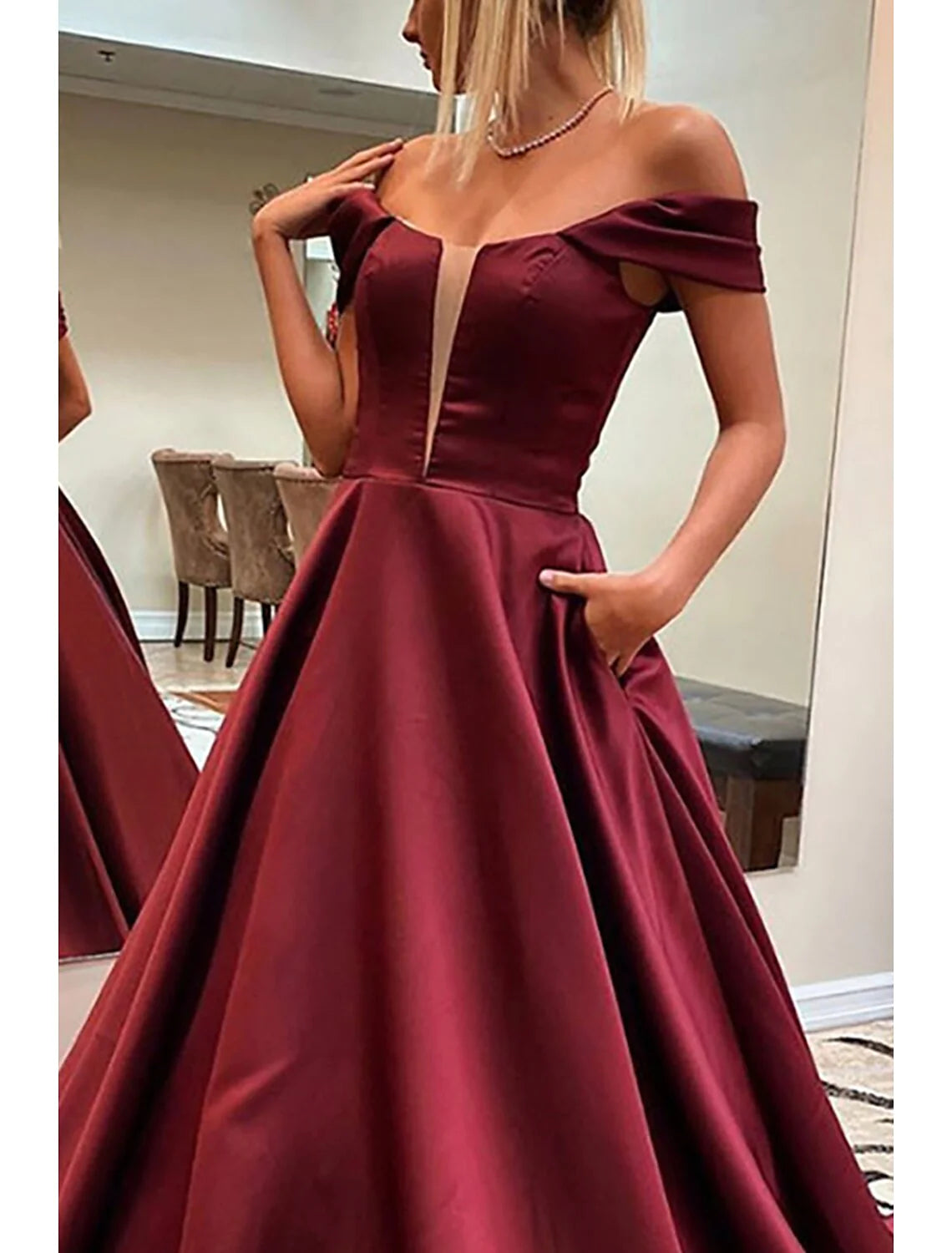 Wholesa A-Line Prom Dresses Princess Dress Formal Sweep / Brush Train Sleeveless Off Shoulder Satin Backless with Pocket