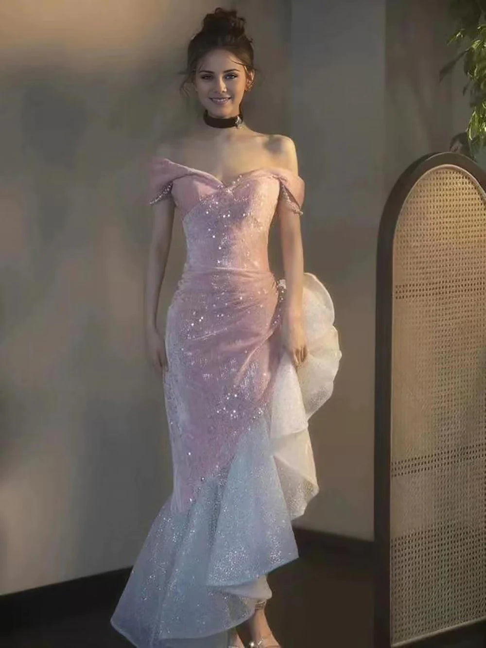 Wholesa Mermaid / Trumpet Prom Dresses Party Dress Evening Party Floor Length Sleeveless Off Shoulder Tulle with Pearls Sequin