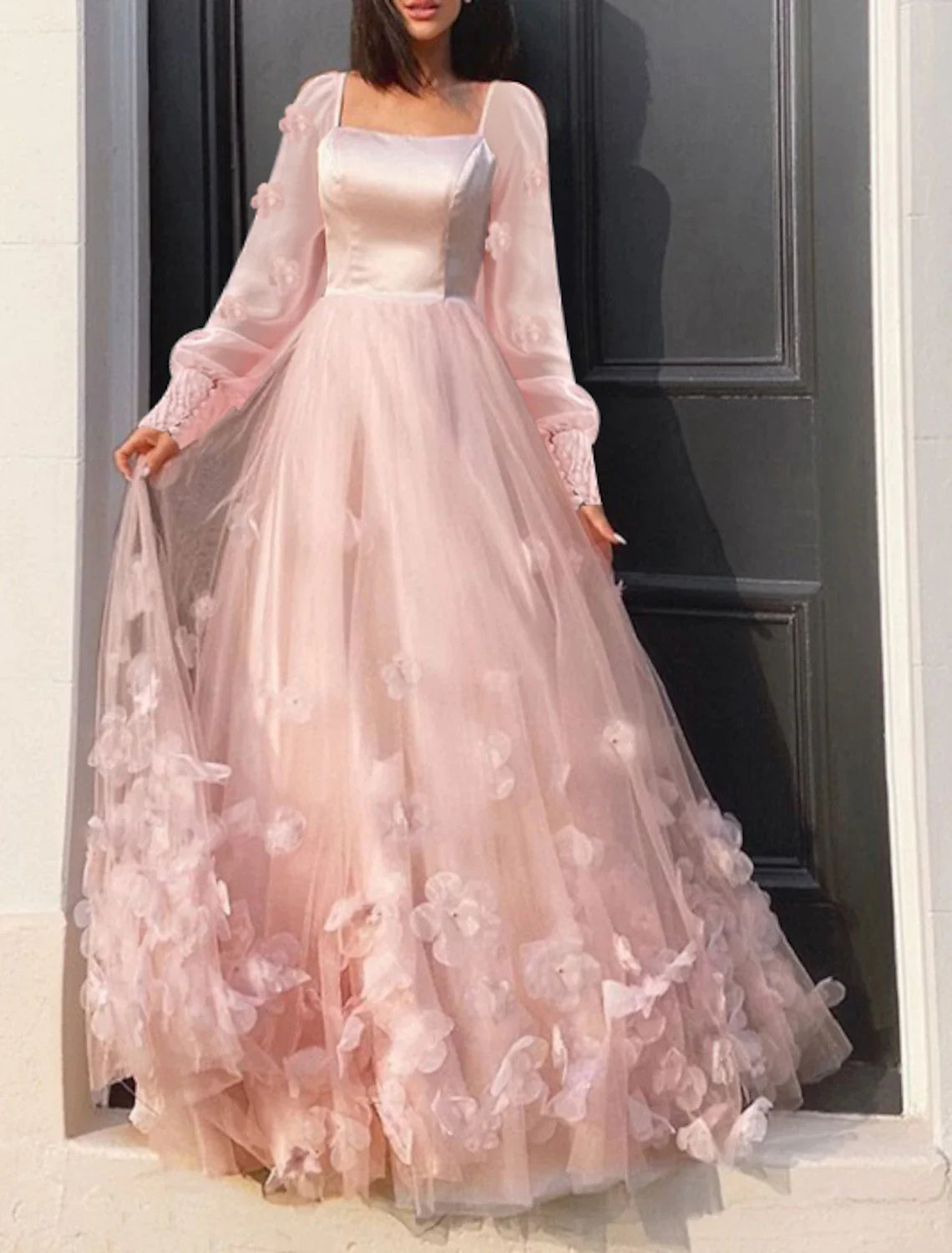 Wholesa A-Line Prom Dresses Maxi Dress Sweet 16 Birthday Floor Length Long Sleeve Scoop Neck Tulle with Appliques Butterfly