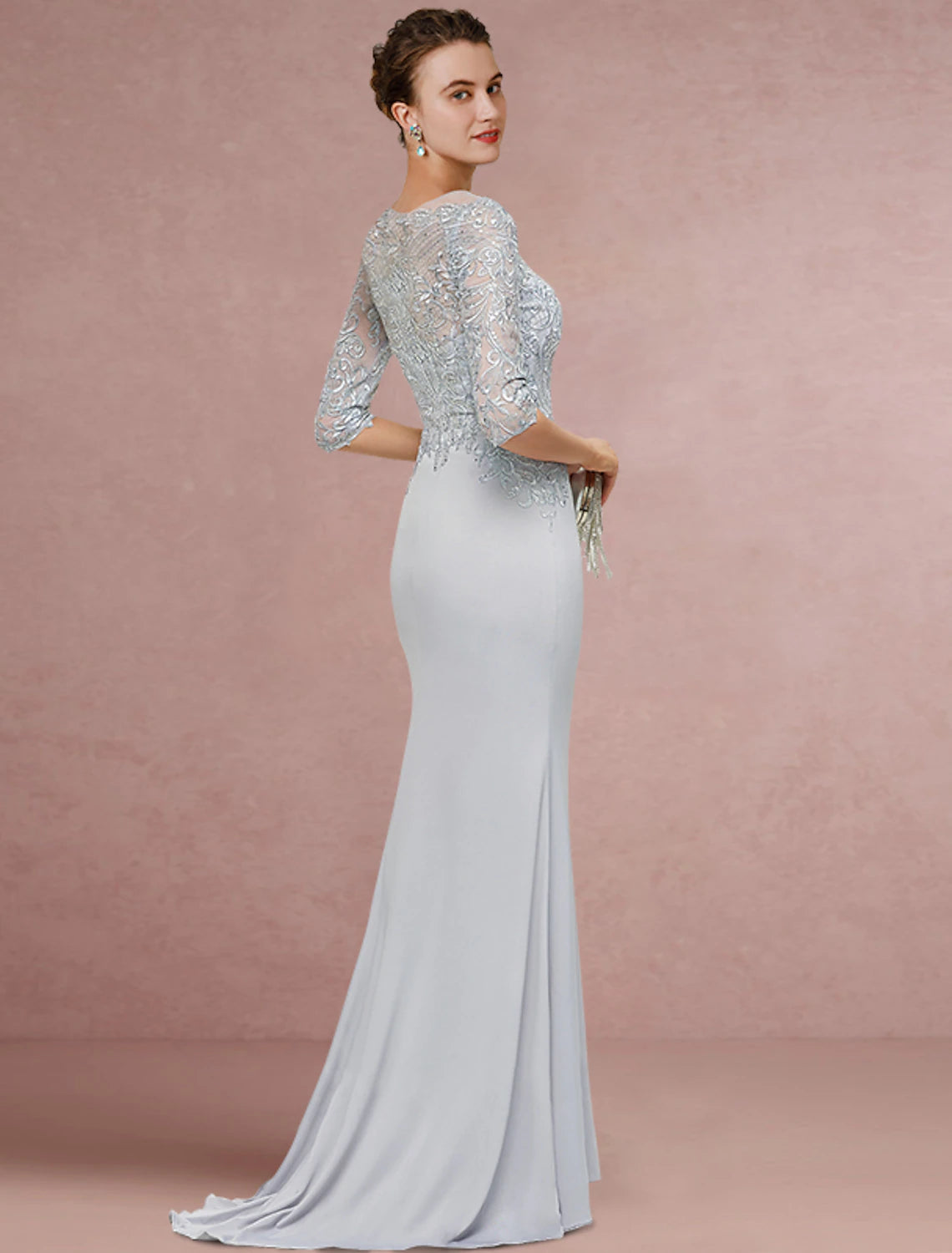 wholesale  Sheath / Column Mother of the Bride Dress Wedding Guest Vintage Elegant Scoop Neck Sweep / Brush Train Chiffon Lace Half Sleeve with Sequin