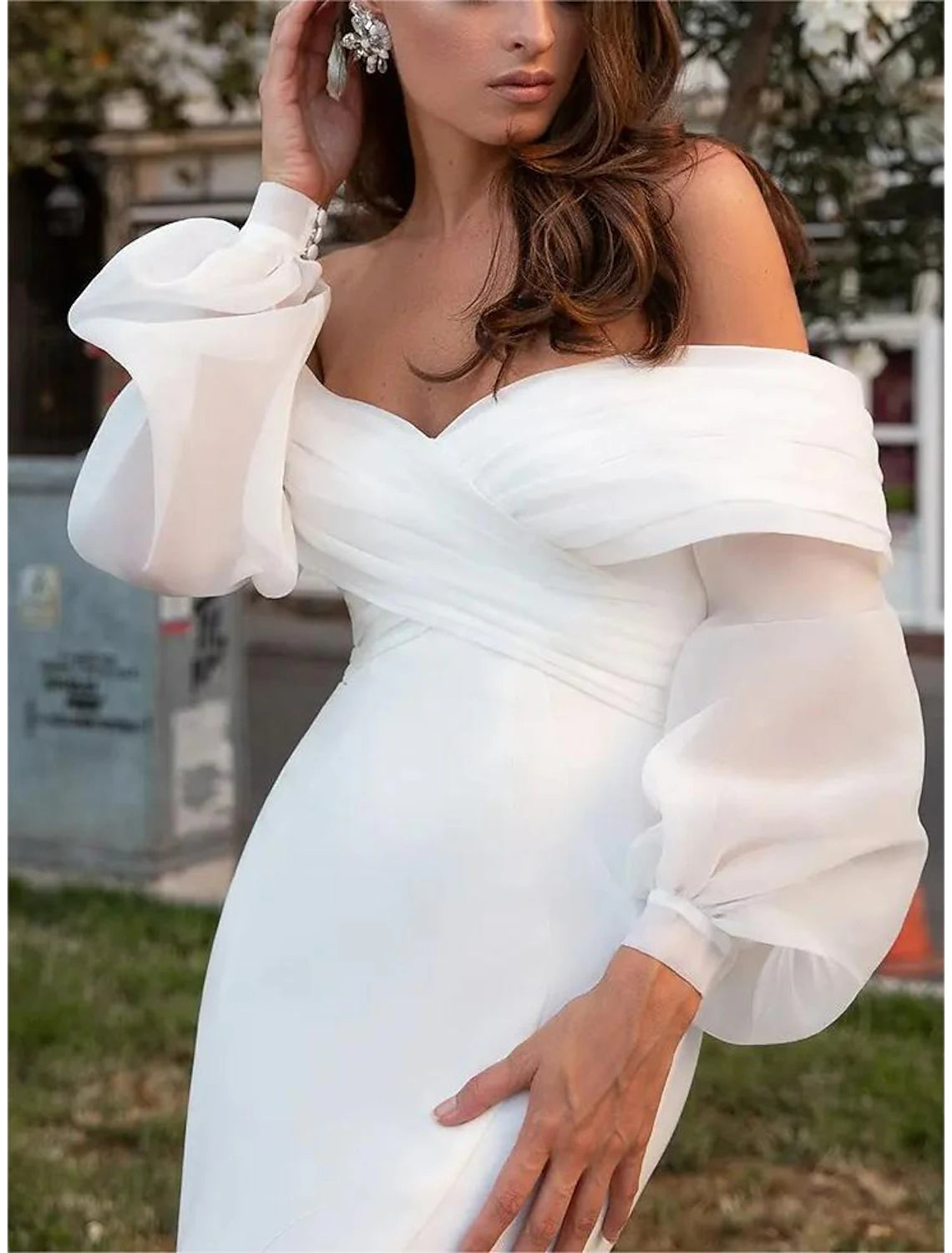 Wholesa  Casual Formal Wedding Dresses Mermaid / Trumpet Off Shoulder Long Sleeve Sweep / Brush Train Chiffon Bridal Gowns With Solid Color