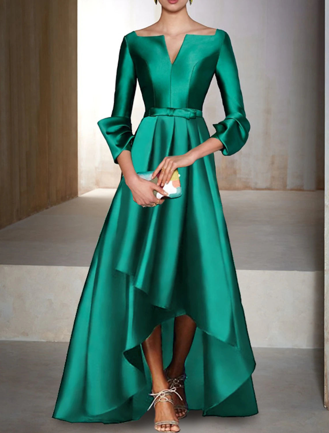 Wholesa A-Line Evening Gown Elegant Dress Red Green Dress Formal Wedding Guest Floor Length 3/4 Length Sleeve V Neck Satin with Bow(s)