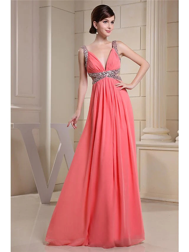 Wholesa A-Line Evening Gown Sparkle Dress Engagement Floor Length Sleeveless V Neck Chiffon with Pleats Sequin