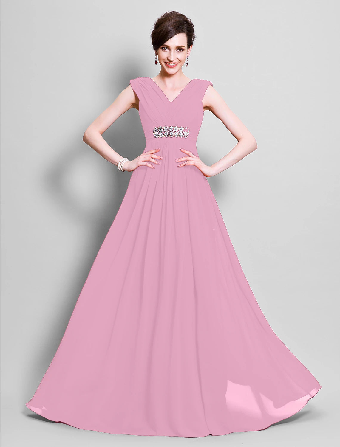 wholesale   A-Line Mother of the Bride Dress V Neck Floor Length Chiffon Sleeveless with Beading Side Draping