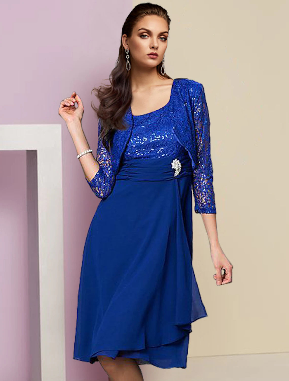 wholesale  Two Piece Sheath / Column Mother of the Bride Dress Formal Wedding Guest Elegant Scoop Neck Knee Length Chiffon Lace Sleeveless Jacket Dresses with Sequin