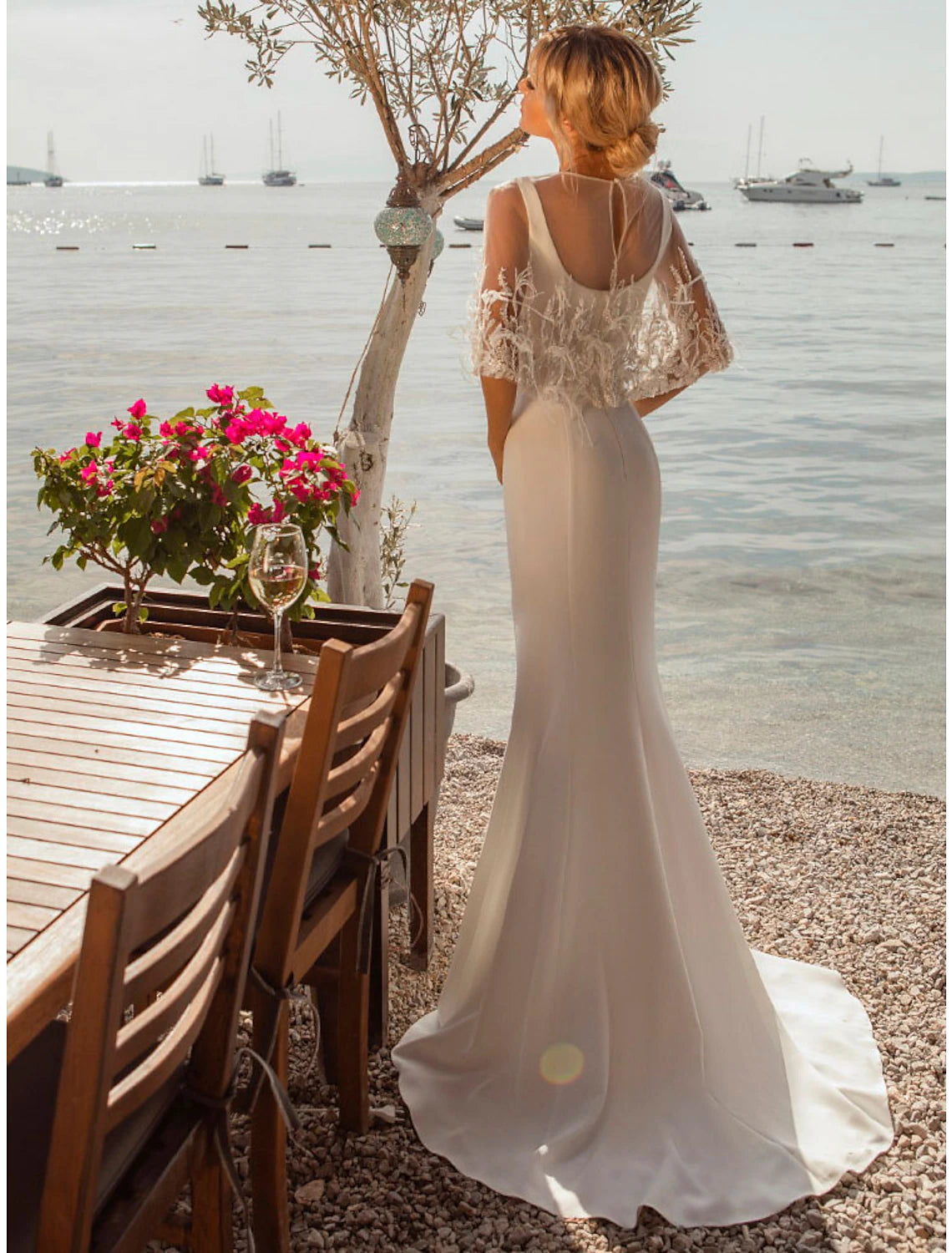 wholesale  Beach Open Back Casual Wedding Dresses Mermaid / Trumpet Square Neck Sleeveless Sweep / Brush Train Satin Bridal Gowns With Buttons Beading