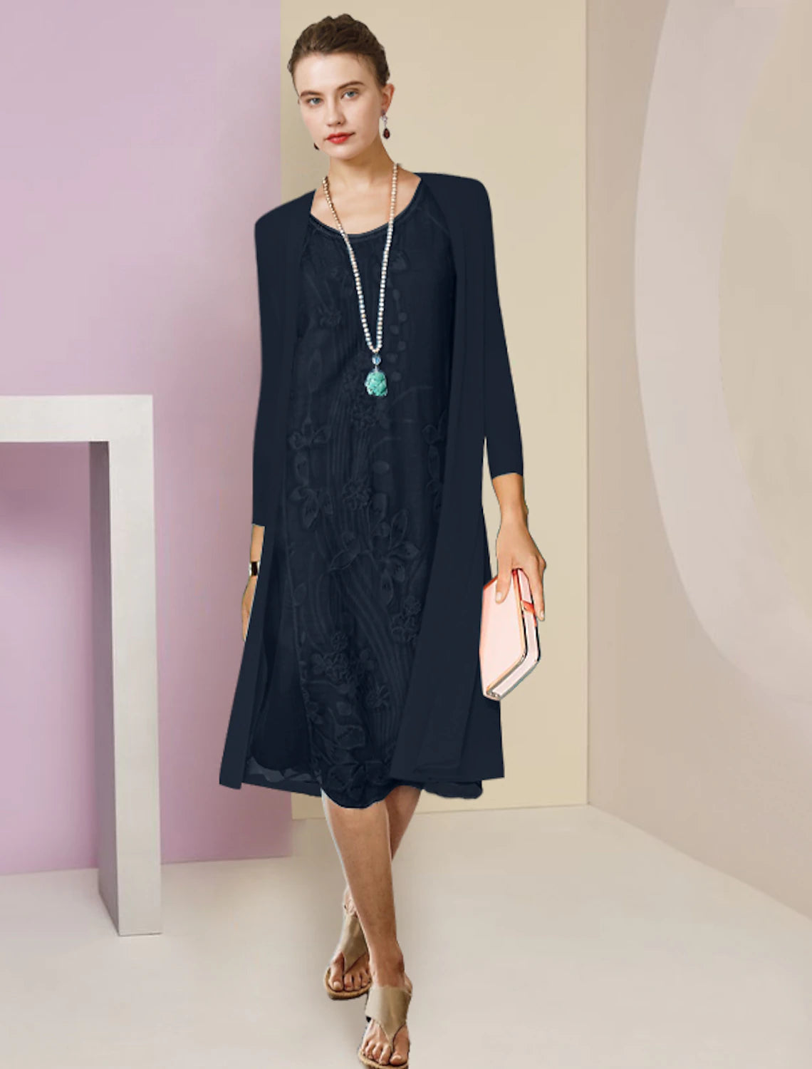 wholesale  Two Piece Sheath / Column Mother of the Bride Dress Formal Wedding Guest Elegant Scoop Neck Knee Length Chiffon Lace Half Sleeve Jacket Dresses with Appliques