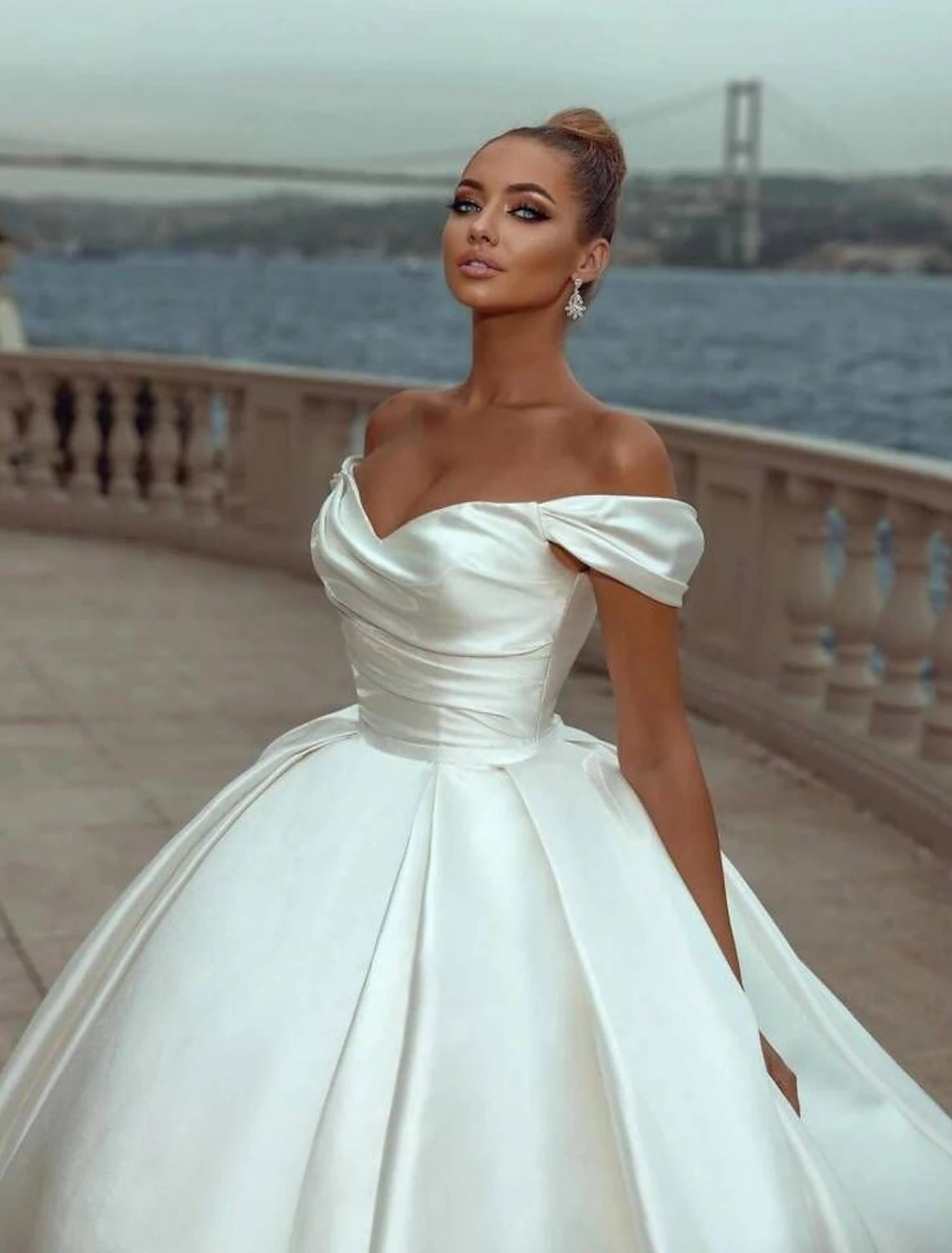wholesale   Engagement Formal Wedding Dresses Ball Gown Off Shoulder Cap Sleeve Court Train Satin Church Bridal Gowns With Ruched Solid Color Summer Fall Wedding Party