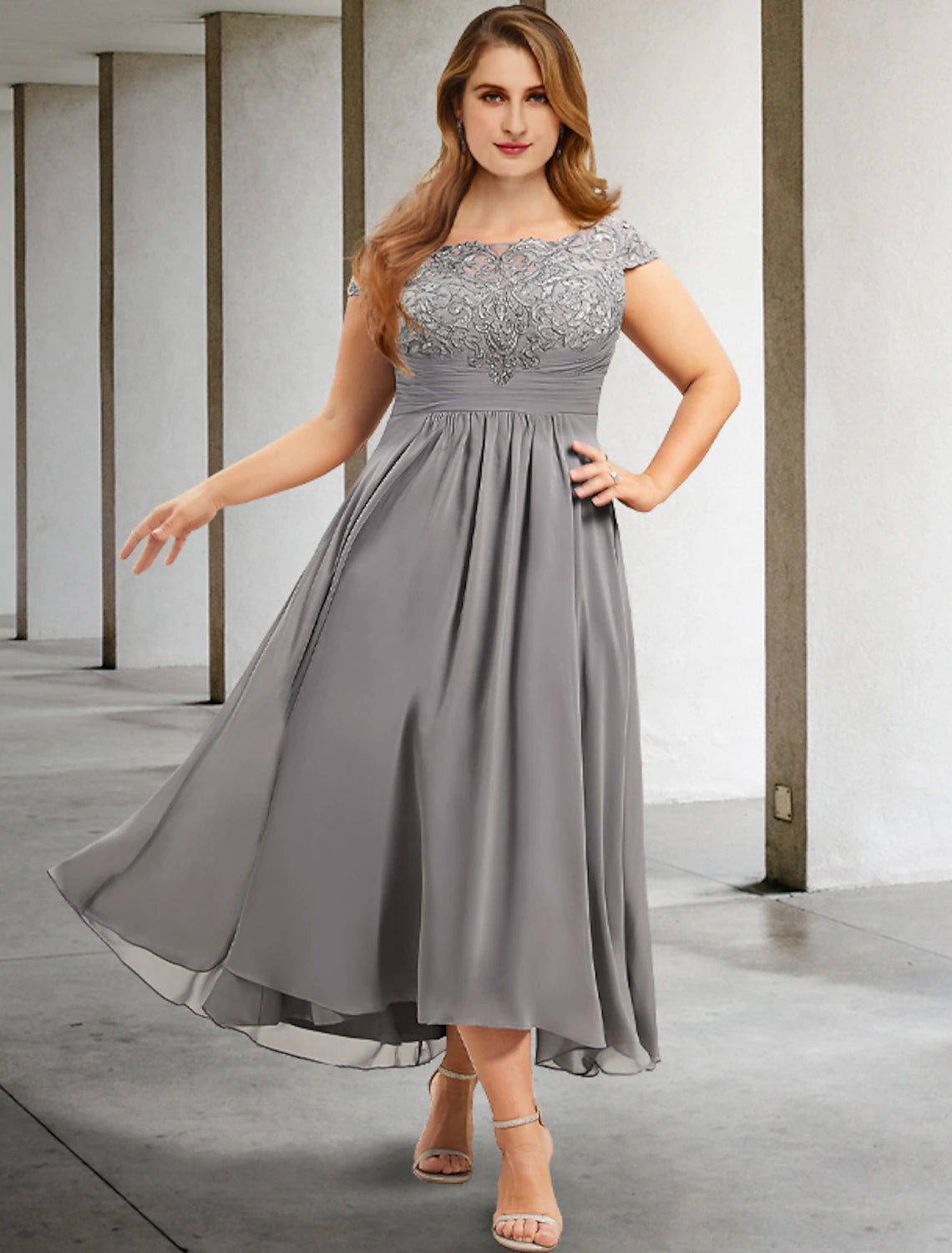 wholesale   A-Line Mother of the Bride Dresses Plus Size Hide Belly Curve Elegant Dress Formal Tea Length Short Sleeve Jewel Neck Chiffon with Pleats Ruched Appliques Fall
