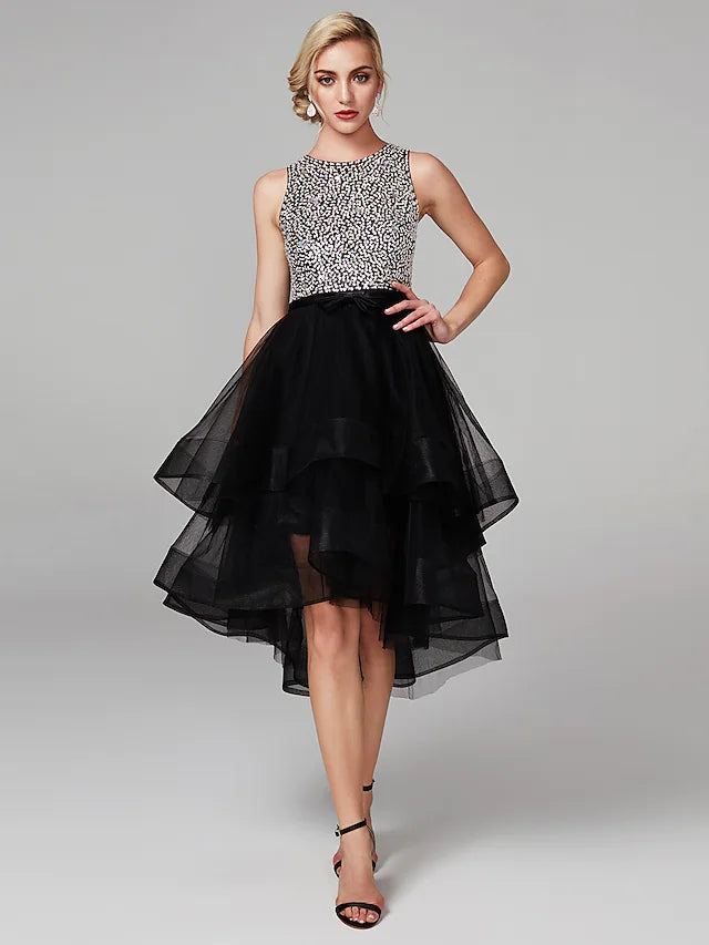 Wholesa Ball Gown Cute Dress Homecoming Knee Length Sleeveless Jewel Neck Wednesday Addams Family Satin with Beading Cascading Ruffles