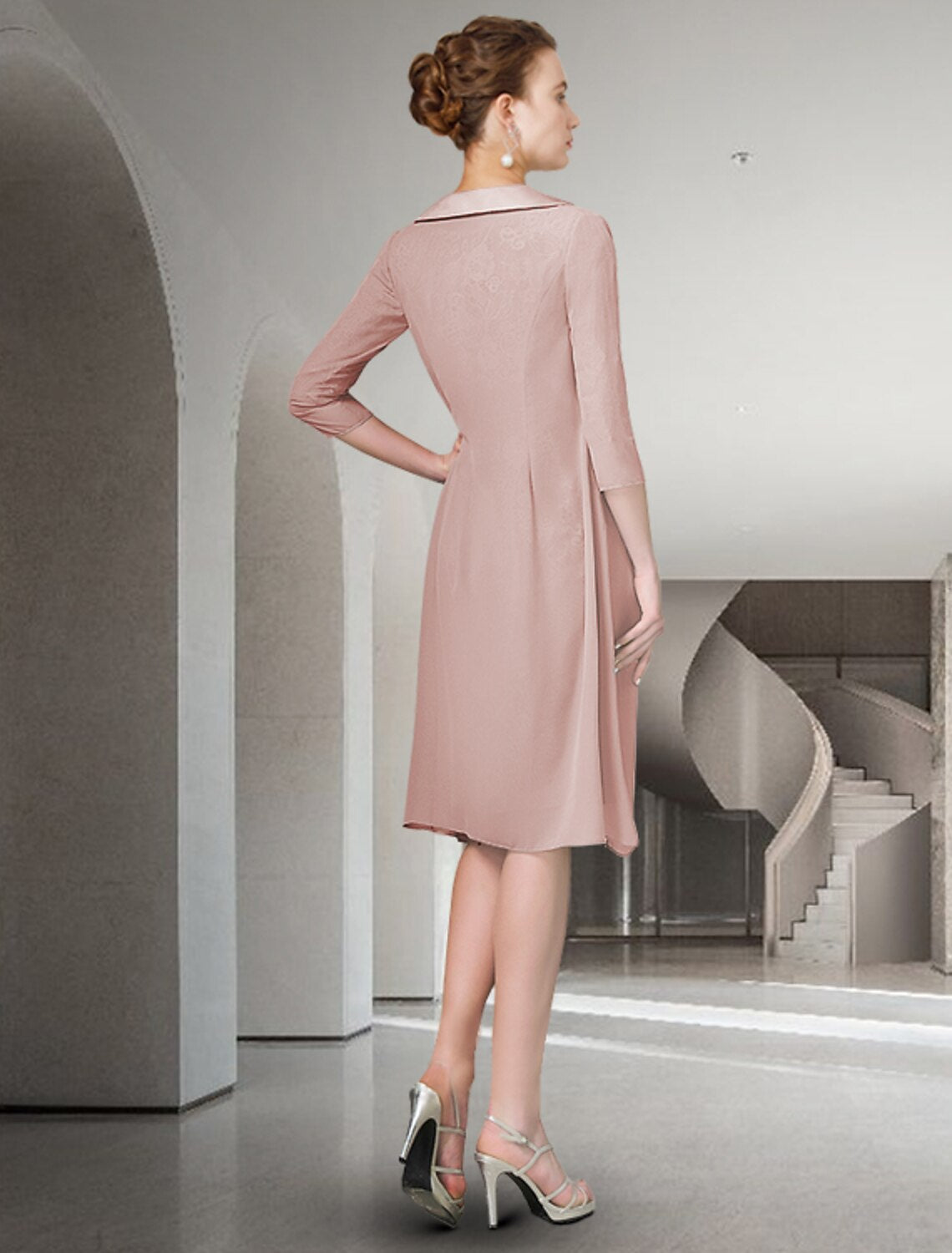 wholesale  Two Piece Sheath / Column Mother of the Bride Dress Fall Wedding Guest Church Plus Size Elegant Jewel Neck Knee Length Chiffon Lace Half Sleeve Wrap Included Jacket Dresses with Ruched Appliques