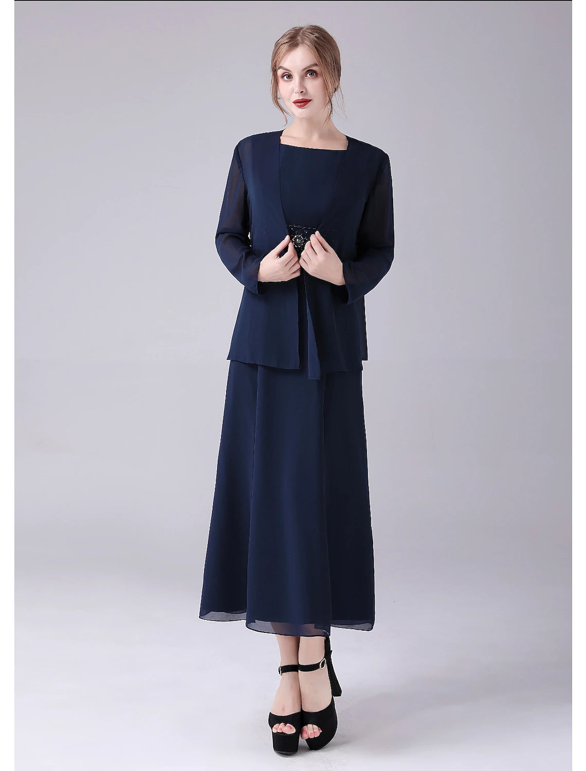 wholesale  A-Line Mother of the Bride Dress Elegant Sweet Jewel Neck Ankle Length Chiffon Sleeveless with Beading