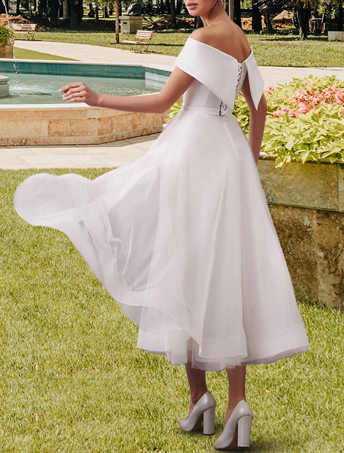 Wholesa Reception Little White Dresses Wedding Dresses A-Line Off Shoulder Cap Sleeve Tea Length Satin Bridal Gowns With Sashes / Ribbons Solid Color