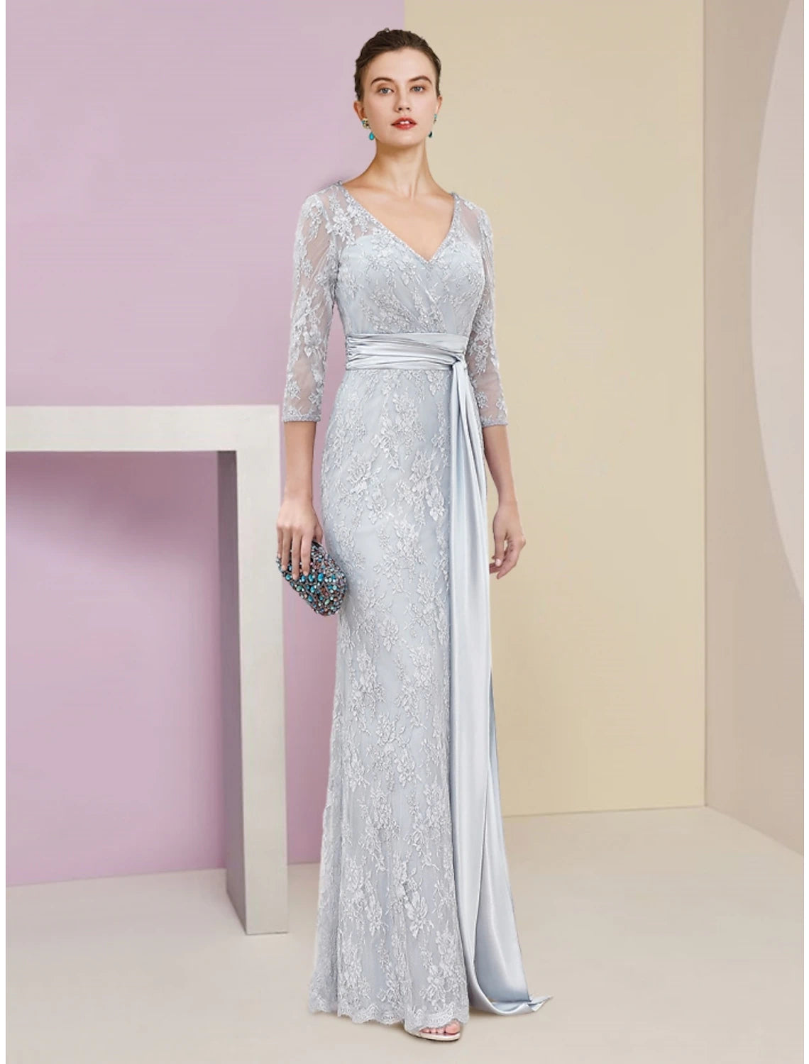 Wholesa  A-Line Mother of the Bride Dress Wedding Guest Elegant V Neck Floor Length Chiffon Lace 3/4 Length Sleeve with Ruching Solid Color