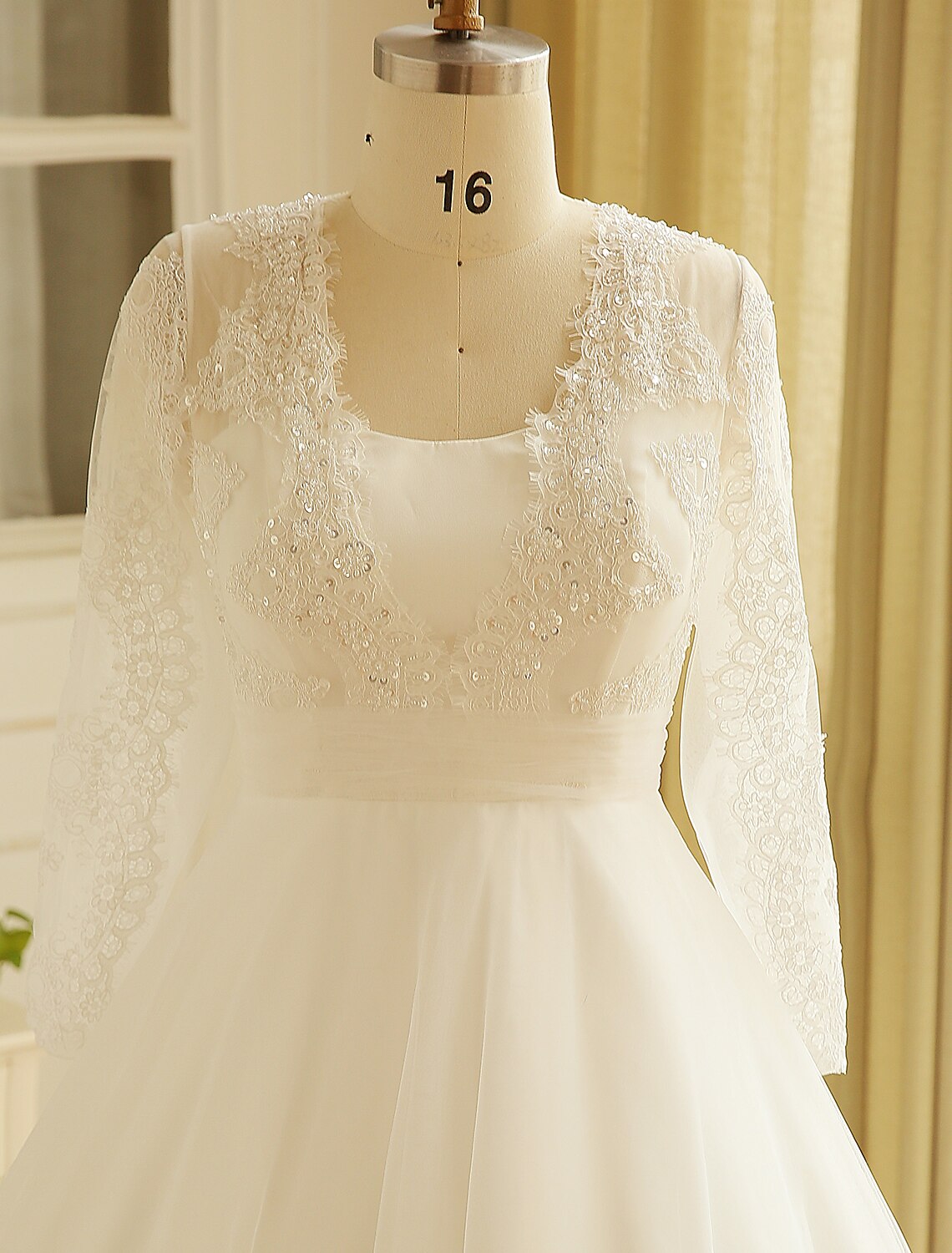 wholesale  Hall Sparkle & Shine Wedding Dresses A-Line Illusion Neck Long Sleeve Court Train Satin Bridal Gowns With Buttons Ruched
