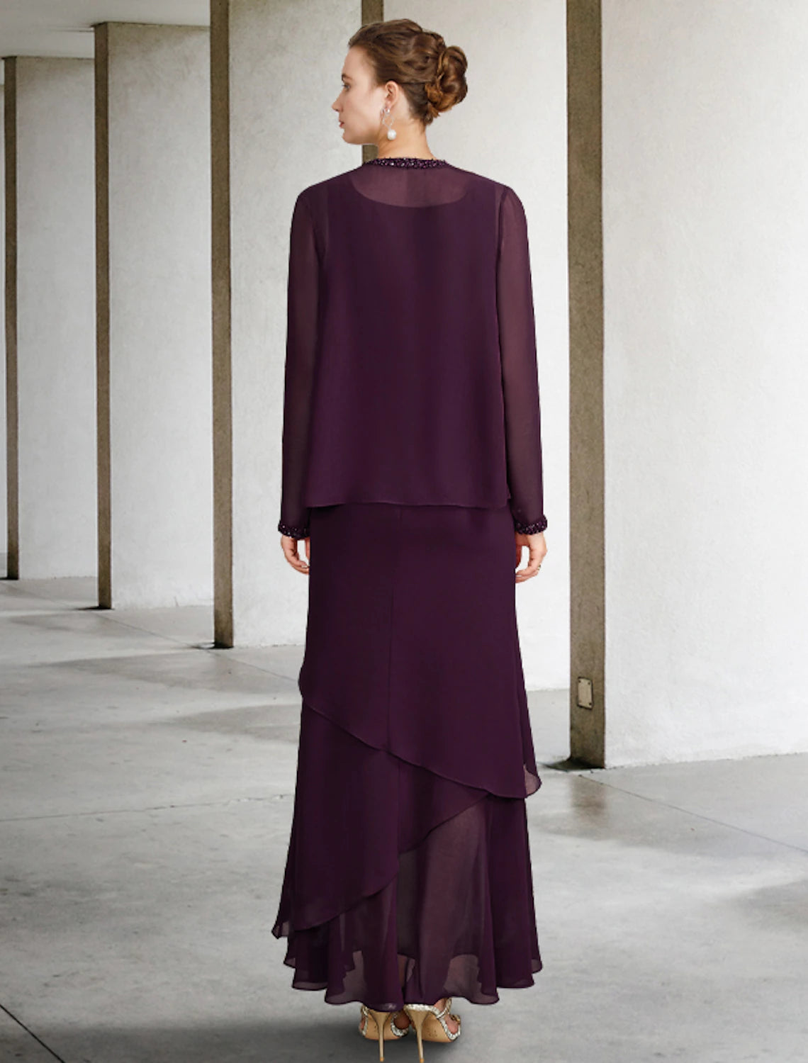 wholesale  Two Piece A-Line Mother of the Bride Dress Plus Size Elegant Square Neck Ankle Length Chiffon Sleeveless Wrap Included Jacket Dresses with Pearls Beading Tier