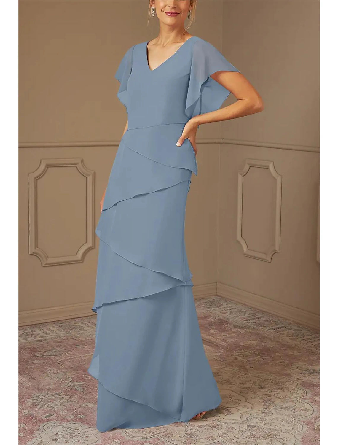 Wholesa  A-Line Mother of the Bride Dress Formal Wedding Guest Elegant V Neck Floor Length Chiffon Half Sleeve Wrap Included with Cascading Ruffles Solid Color