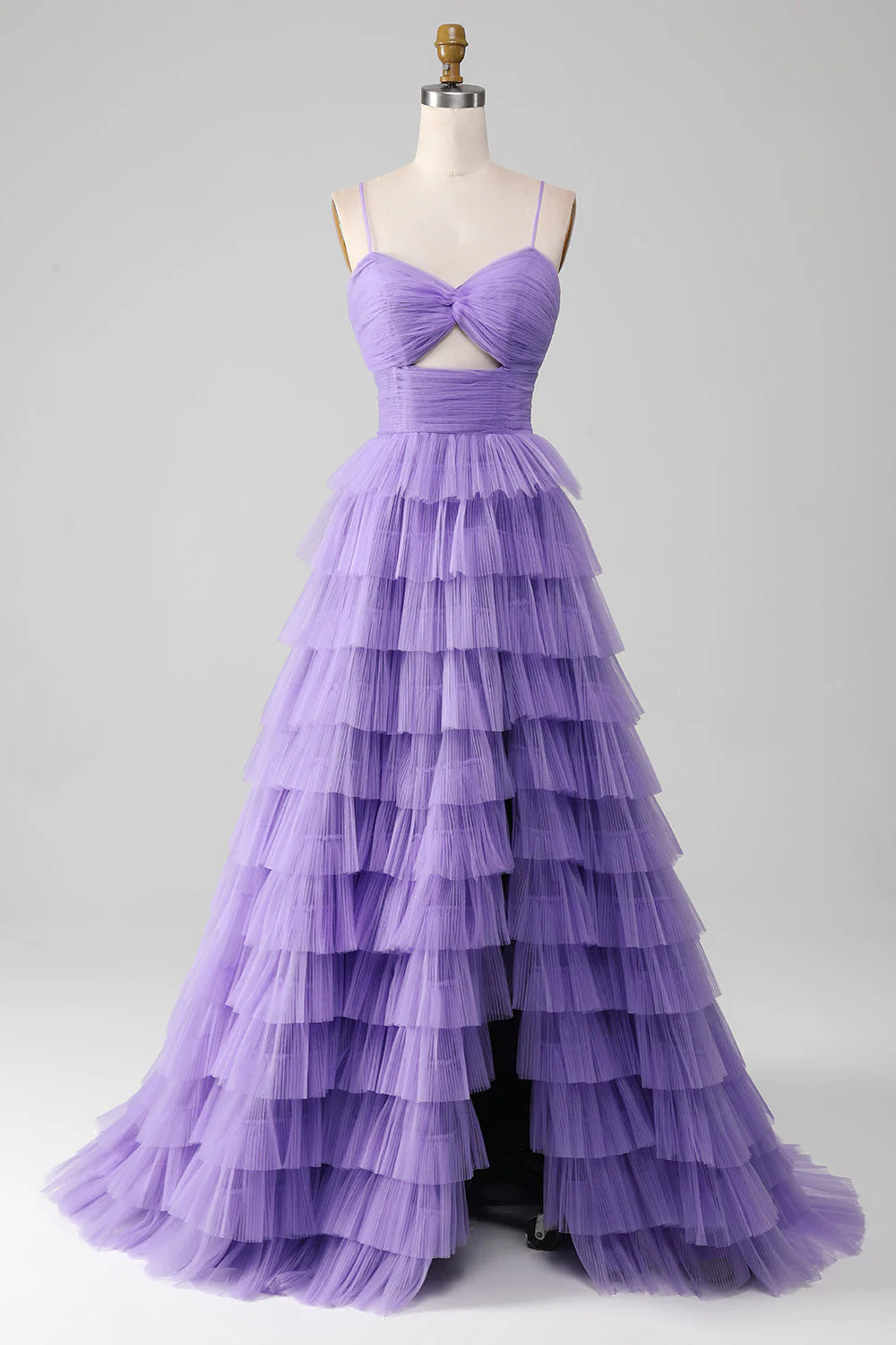 Wholesa A-Line Tulle Tiered Long Prom Dress with Slit