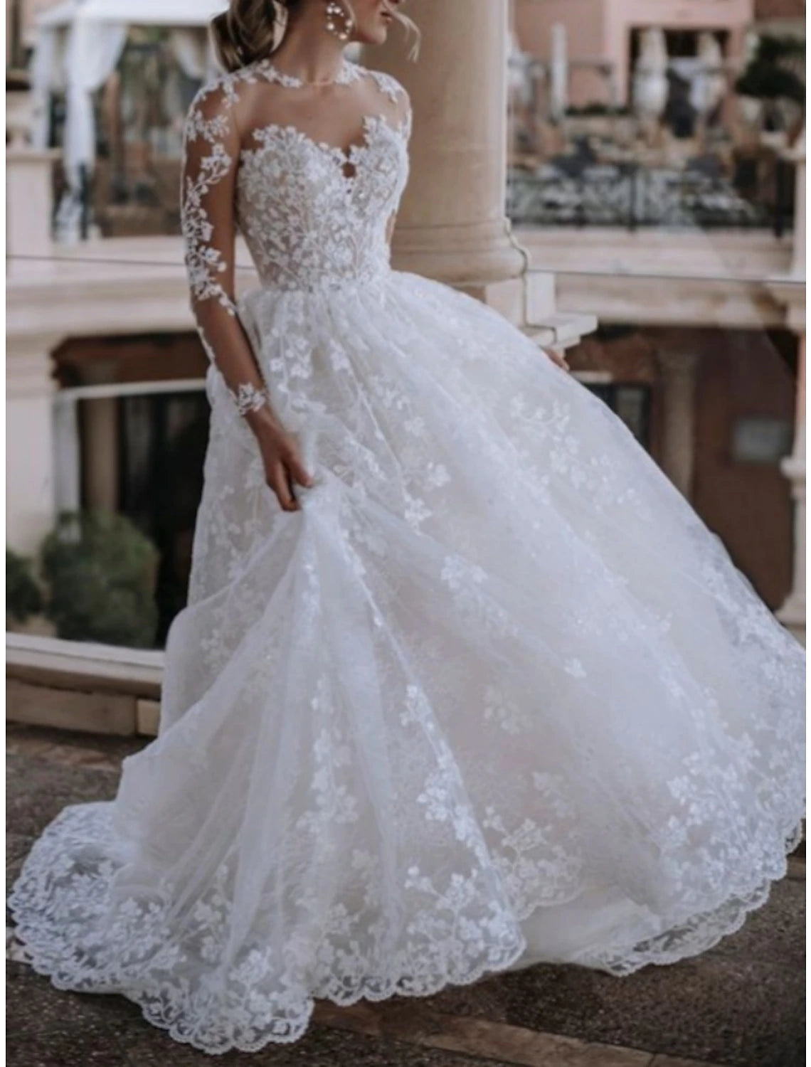 Wholesa Beach Formal Wedding Dresses A-Line Illusion Neck Long Sleeve Sweep / Brush Train Lace Bridal Gowns With Pleats Solid Color